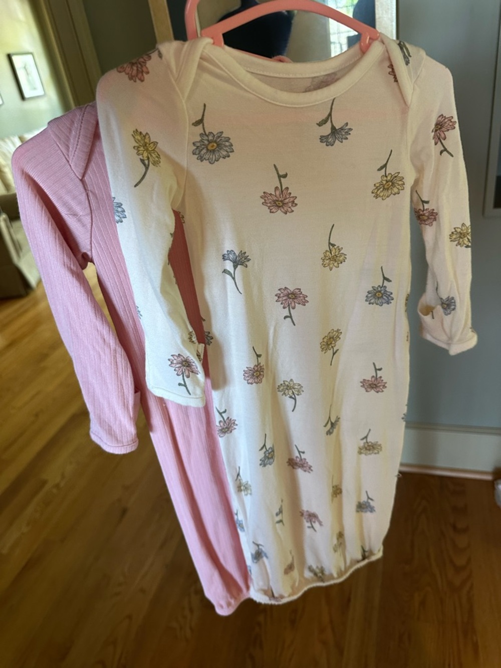 Floral White Infant Gown with Pink Ribbed Sleeper (2pc)